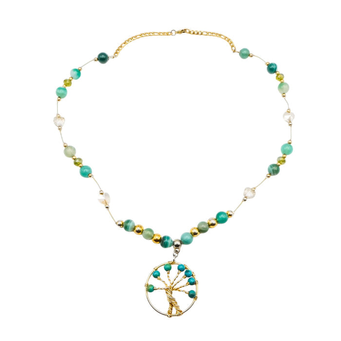Tree of Life Necklace with Nephrite Jade and Green Agate - 24 Inches
