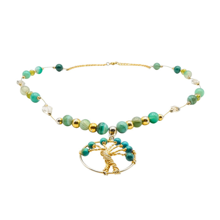 Tree of Life Necklace with Nephrite Jade and Green Agate - 24 Inches