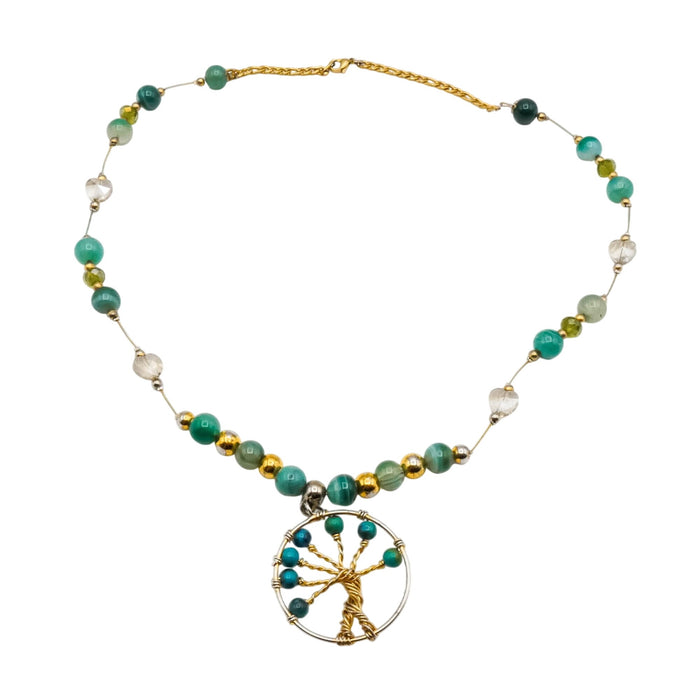 Tree of Life Necklace with Nephrite Jade and Green Agate - 24 Inches