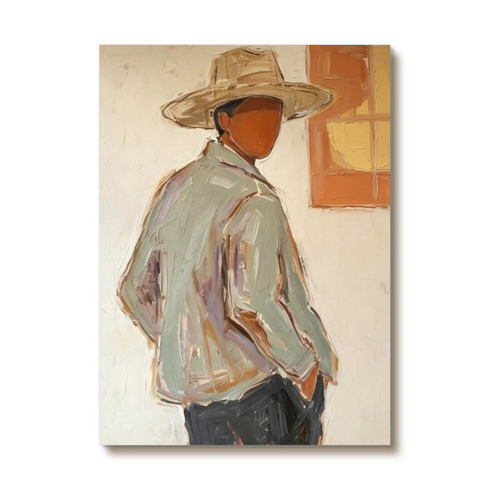 Modern cowboy portrait wall art in warm orange yellow tones - Twilight Glance Back - Hues Art Lab