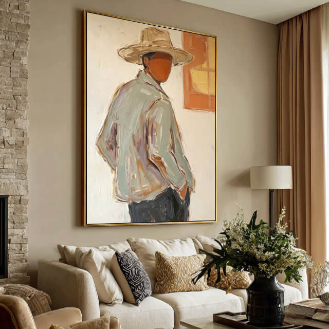 Modern cowboy portrait wall art in warm orange yellow tones - Twilight Glance Back - Hues Art Lab