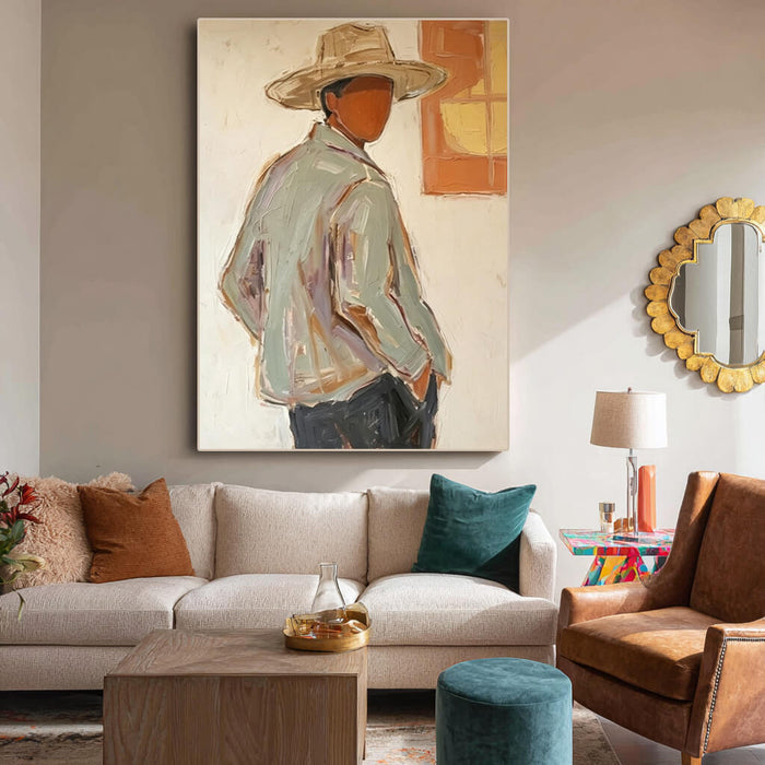 Modern cowboy portrait wall art in warm orange yellow tones - Twilight Glance Back - Hues Art Lab