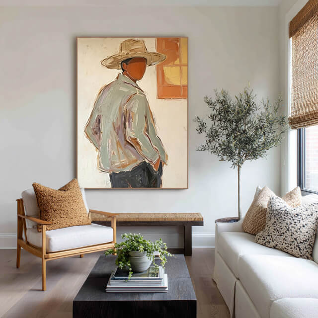 Modern cowboy portrait wall art in warm orange yellow tones - Twilight Glance Back - Hues Art Lab