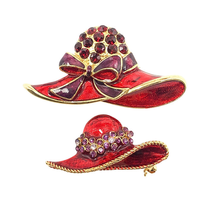 Two Vintage Red Hat Society Rhinestone And Enamel Brooches