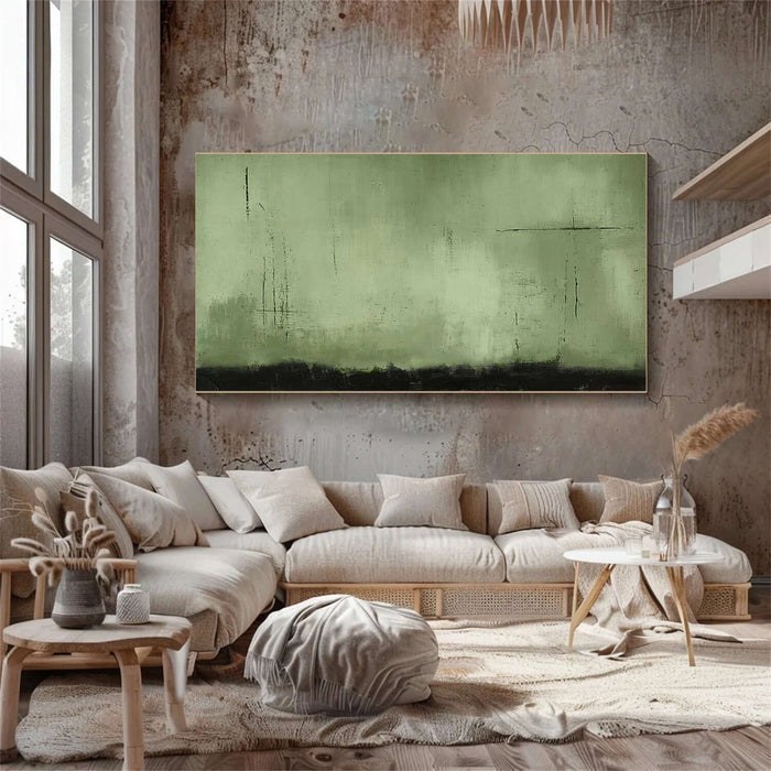 Minimalist Green Abstract Wall Art - Modern Textured Painting with Subtle Grunge and Horizontal Composition - Unnamed Realm - Hues Art Lab