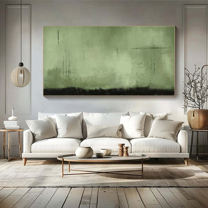 Minimalist Green Abstract Wall Art - Modern Textured Painting with Subtle Grunge and Horizontal Composition - Unnamed Realm - Hues Art Lab