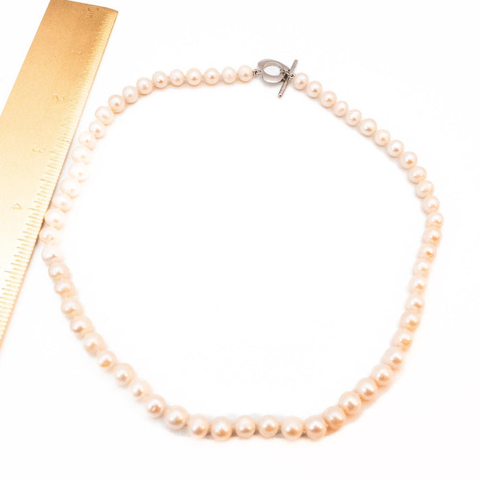Vintage 18-Inch Cultured White 7mm Pearl Necklace Heart Toggle Clasp