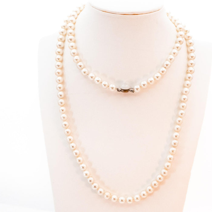 Vintage 37 Inch Simulated Pearl Necklace Long Strand Grey White Classic