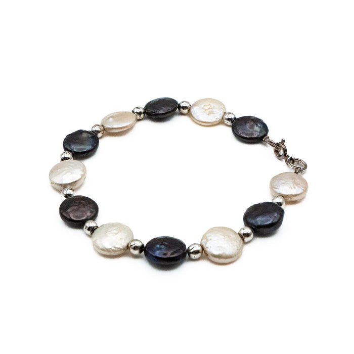 Vintage 7.5-Inch Cultured 11mm Black & White Coin Pearl Bracelet