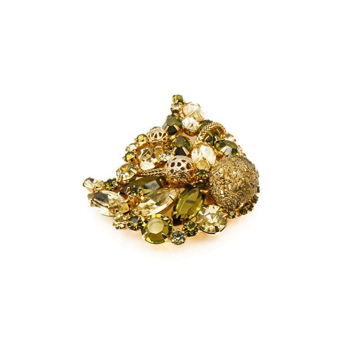 Vintage ALICE CAVINESS Lava Rock Brooch Pin With Green Rhinestones