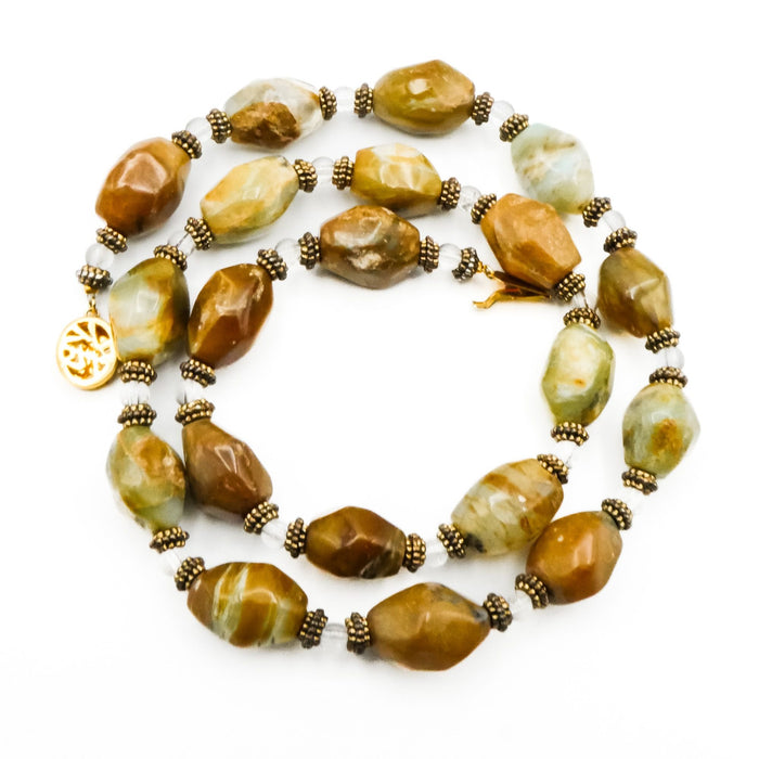 Vintage Beaded Earth Tone Agate Necklace With Gold Plated Clasp 26 Inches