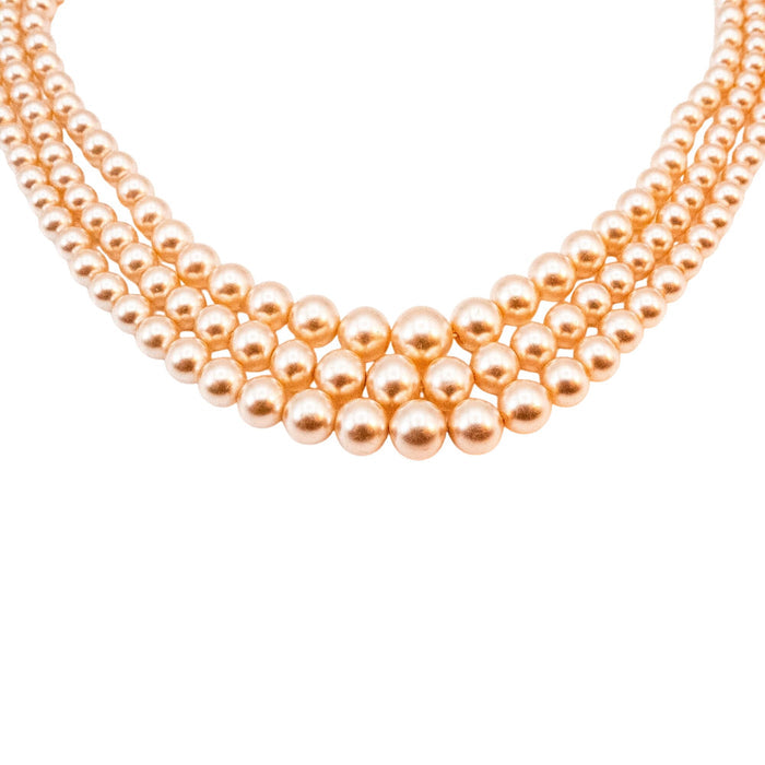 Vintage Champagne Pearl Triple Strand Necklace Rhinestone Clasp 16.5 Inches