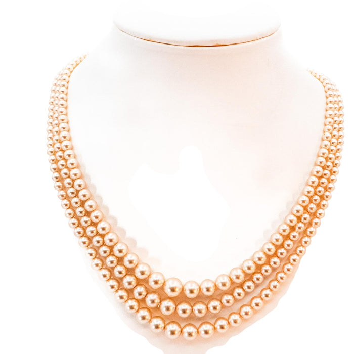 Vintage Champagne Pearl Triple Strand Necklace Rhinestone Clasp 16.5 Inches