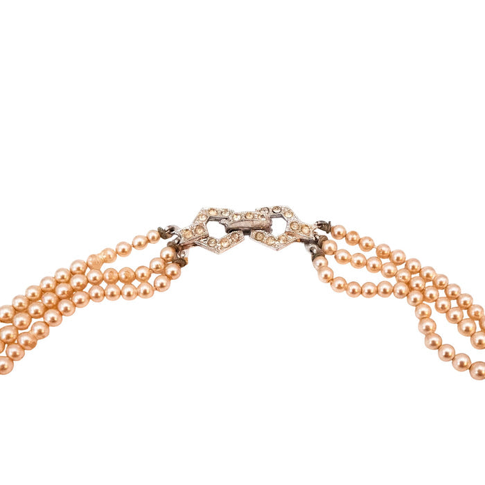 Vintage Champagne Pearl Triple Strand Necklace Rhinestone Clasp 16.5 Inches