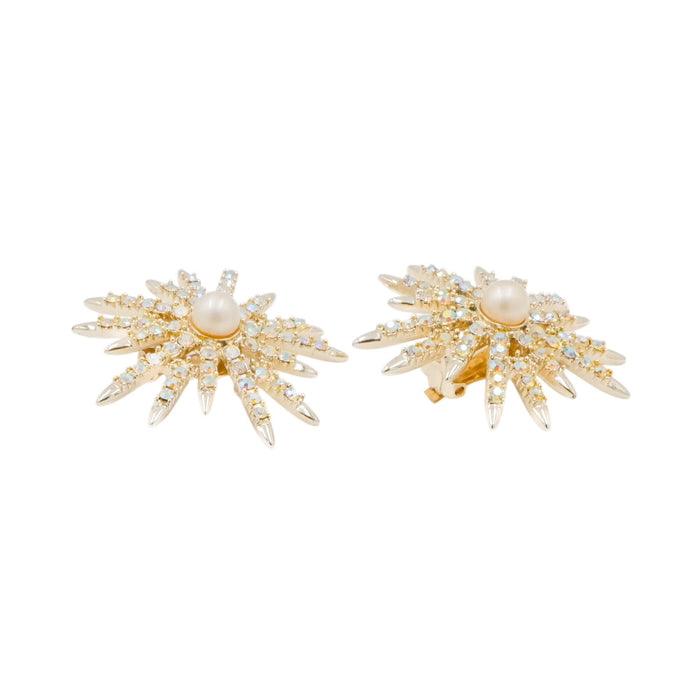Vintage Emmons Starburst AB Crystal Pearl Clip Earrings 1.75”