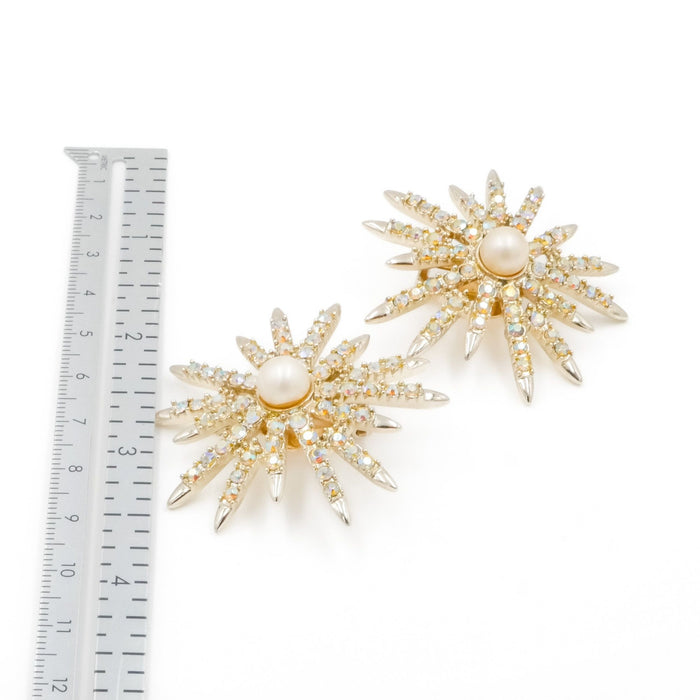 Vintage Emmons Starburst AB Crystal Pearl Clip Earrings 1.75”
