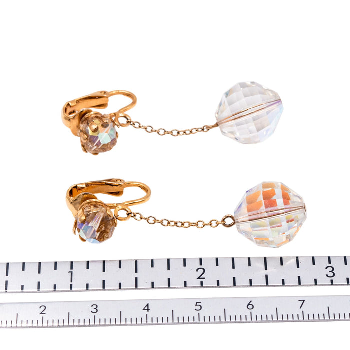 Vintage Faceted Aurora Borealis Crystal Gold Plated 2 Inch Drop Clip On Earrings