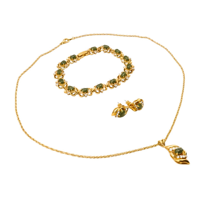 Vintage Gold Plated Faux Jade and Diamond Necklace, Bracelet, Stud Earrings Set