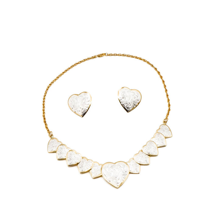 Vintage Gold Plated Silver Heart Necklace And Earrings Set