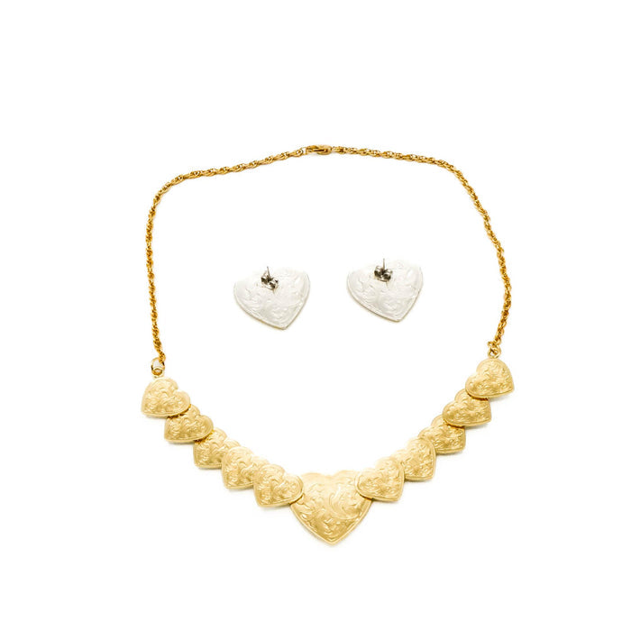Vintage Gold Plated Silver Heart Necklace And Earrings Set