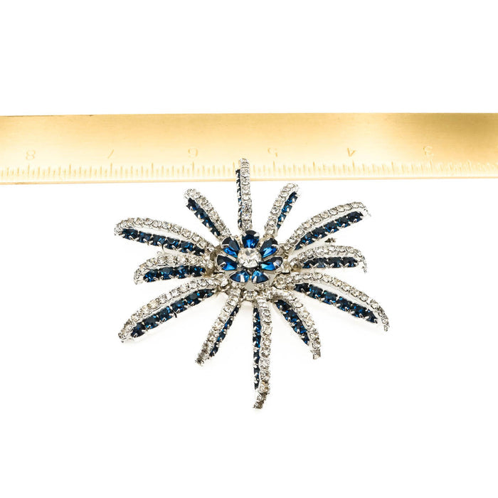 Vintage Large Blue And Clear Silver Tone Starburst Brooch Pin
