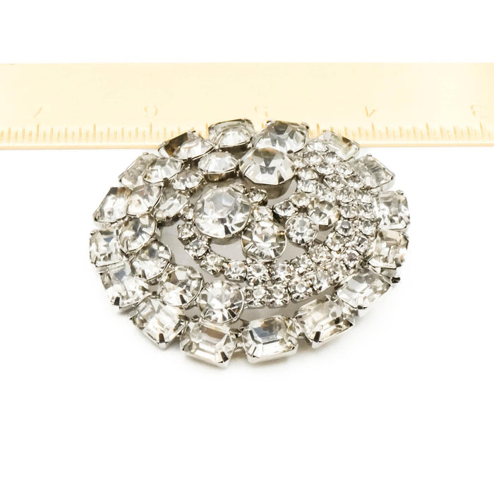 Vintage Large Silver Tone Round Clear Rhinestone Brooch Pin