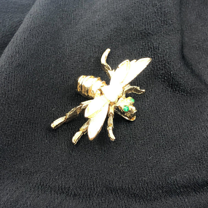 Vintage Monet Gold Tone Bee With Green Rhinestone Eyes