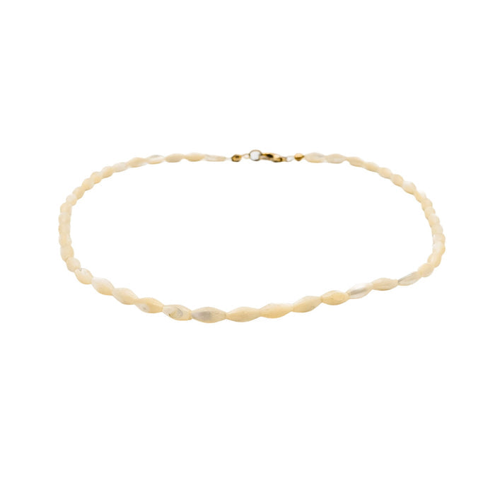 Vintage Mother Of Pearl Rice Bead Necklace 16 Inches With Gold-Tone Clasp
