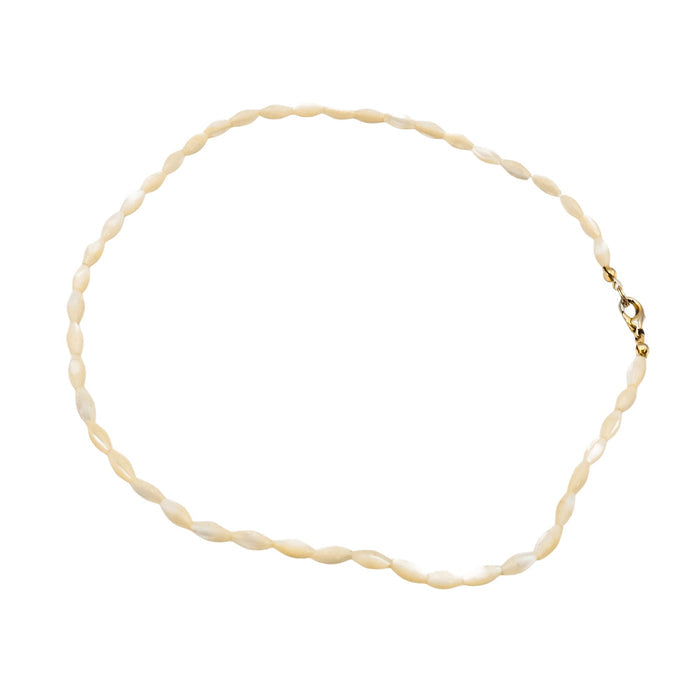 Vintage Mother Of Pearl Rice Bead Necklace 16 Inches With Gold-Tone Clasp