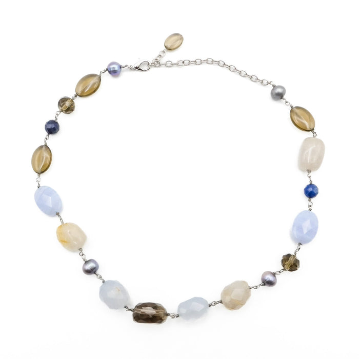 Vintage Multi Gemstone Blue Lace Agate Quartz Pearl Station Necklace 18 Inches