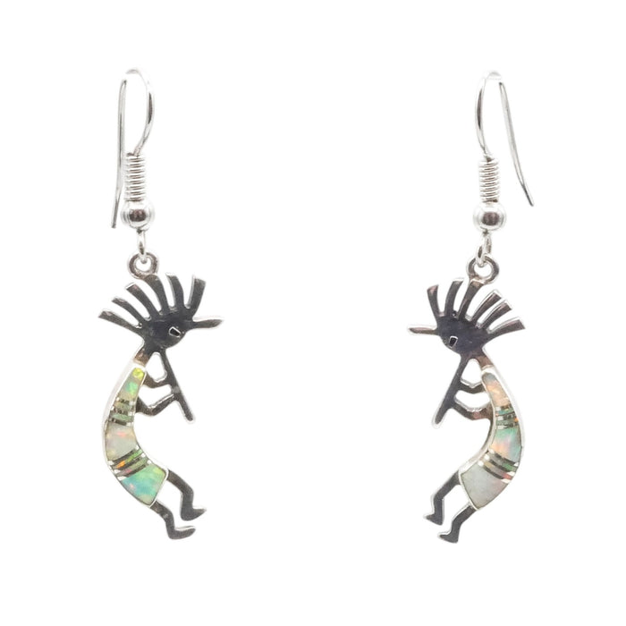 Vintage Native American Kokopelli Opal Inlay Dangle Earrings Sterling Silver