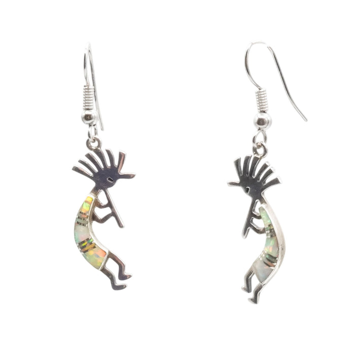 Vintage Native American Kokopelli Opal Inlay Dangle Earrings Sterling Silver