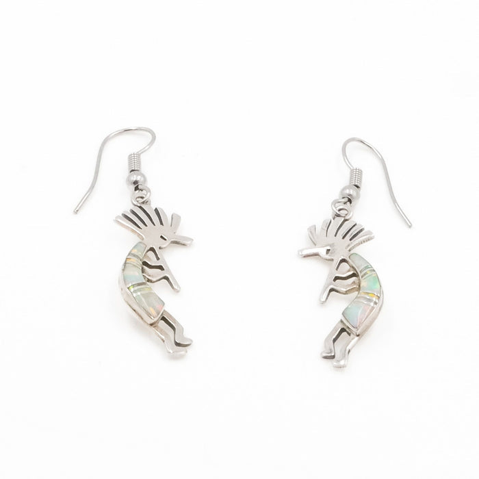 Vintage Native American Kokopelli Opal Inlay Dangle Earrings Sterling Silver