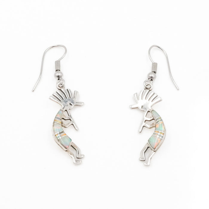 Vintage Native American Kokopelli Opal Inlay Dangle Earrings Sterling Silver