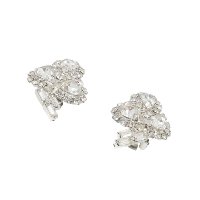 Vintage Rhinestone Clip Earrings Heart Baguette Crystal Silver Tone 1.25"
