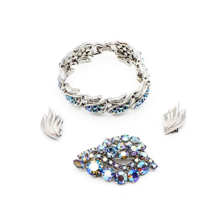Vintage Signed Coro Blue Aurora Borealis Parure Bracelet Clip-On Earrings Brooch Set
