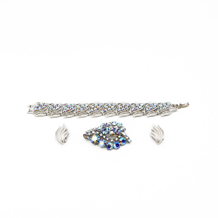 Vintage Signed Coro Blue Aurora Borealis Parure Bracelet Clip-On Earrings Brooch Set