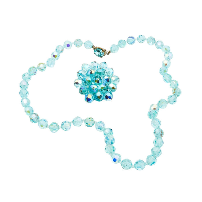 Vintage Sky Blue Aurora Borealis Crystal Necklace And Brooch Set