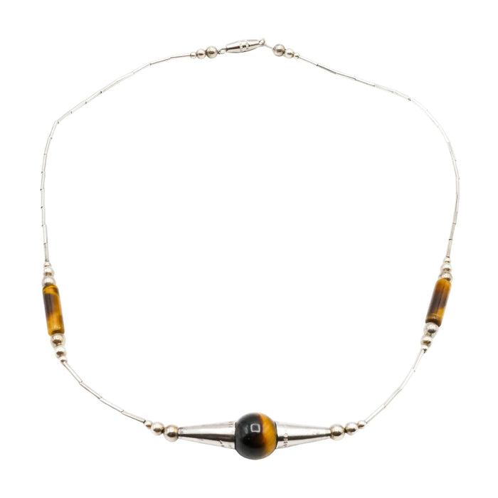 Vintage Sterling Silver Beaded Tiger Eye Necklace 16 Inches