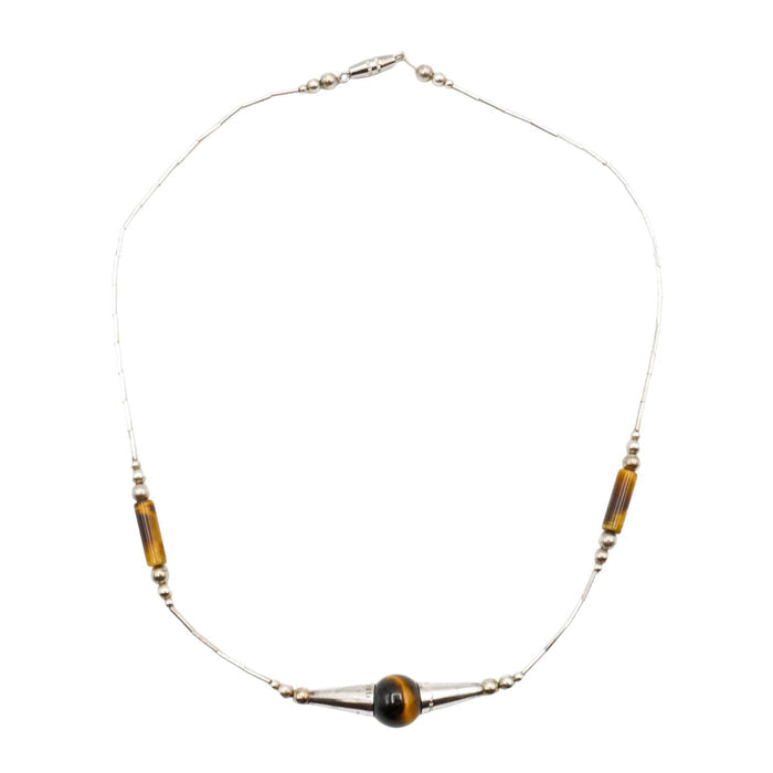 Vintage Sterling Silver Beaded Tiger Eye Necklace 16 Inches