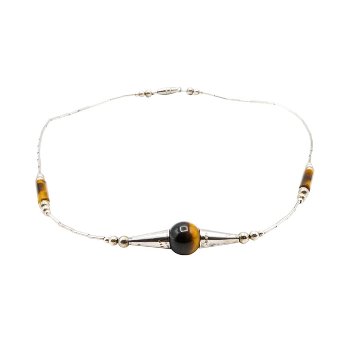 Vintage Sterling Silver Beaded Tiger Eye Necklace 16 Inches