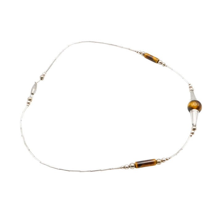 Vintage Sterling Silver Beaded Tiger Eye Necklace 16 Inches
