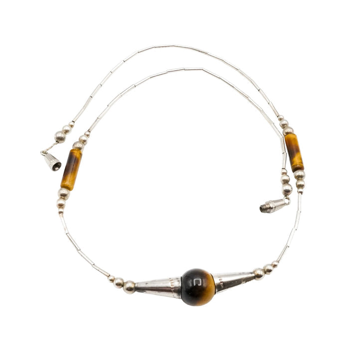 Vintage Sterling Silver Beaded Tiger Eye Necklace 16 Inches