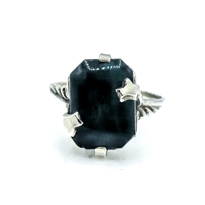 Vintage Sterling Silver Black Glass Cabochon Ring Size 6 3/4