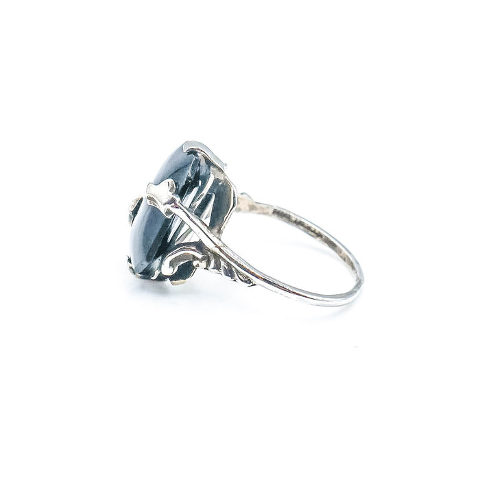 Vintage Sterling Silver Black Glass Cabochon Ring Size 6 3/4