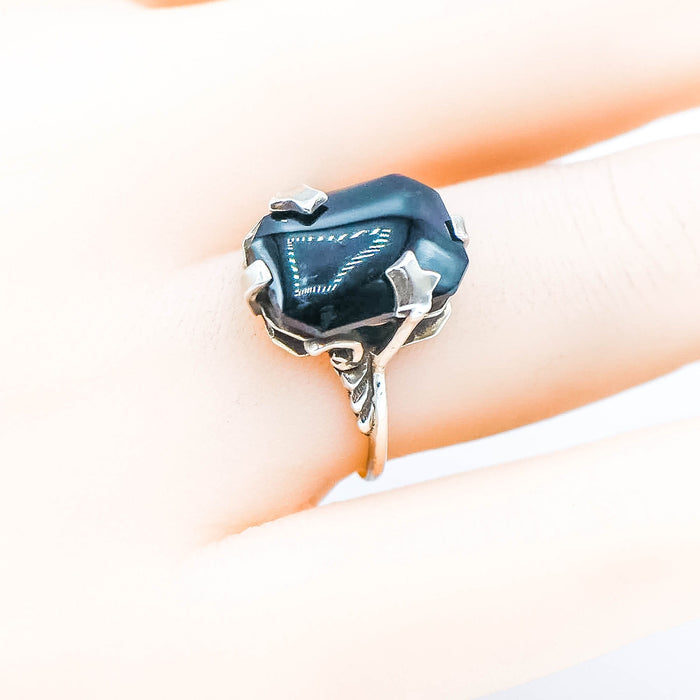 Vintage Sterling Silver Black Glass Cabochon Ring Size 6 3/4