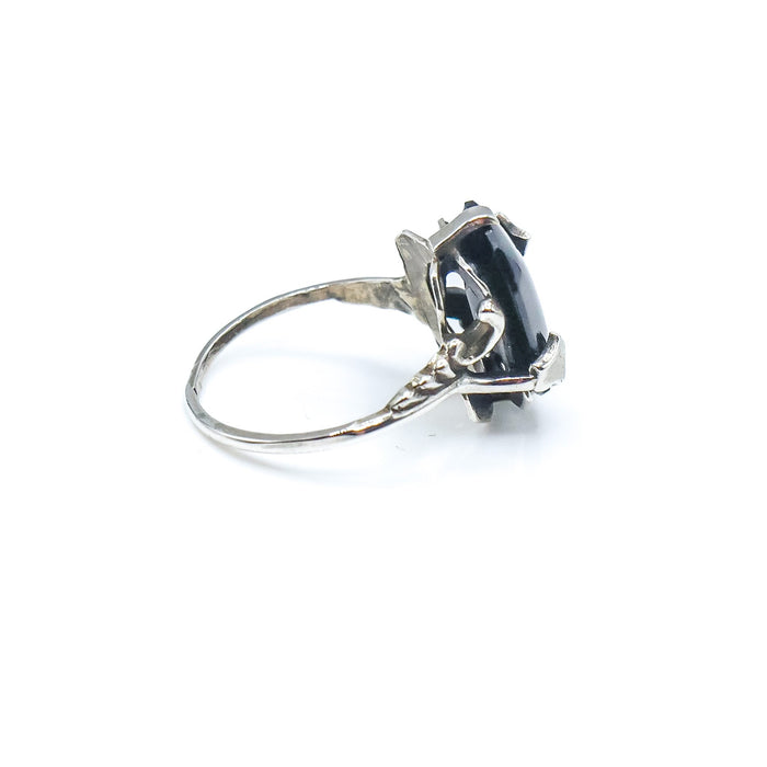 Vintage Sterling Silver Black Glass Cabochon Ring Size 6 3/4