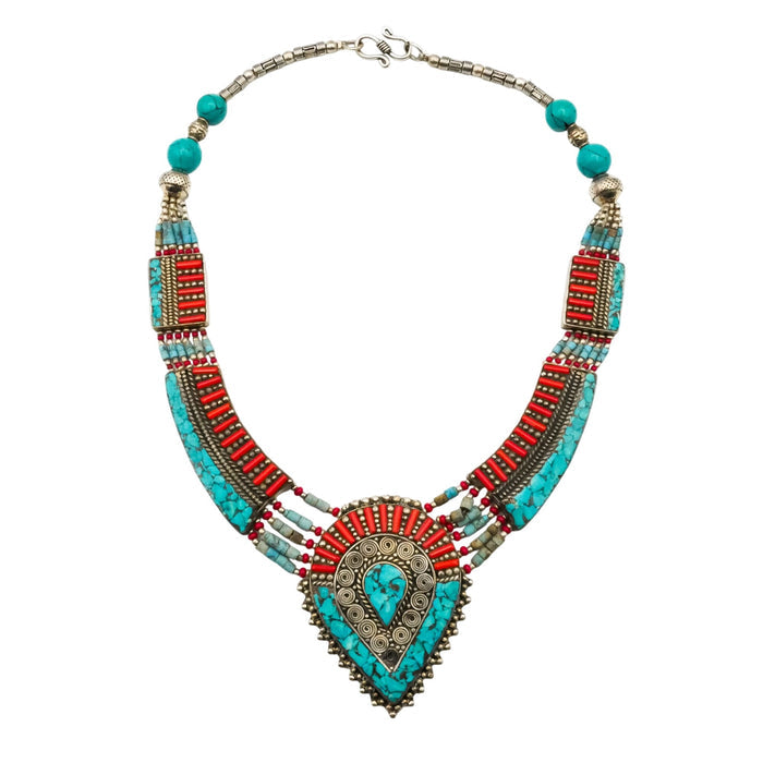 Vintage Tibetan Turquoise Coral Style Ethnic Tribal Bib Statement Necklace 17.5 Inches
