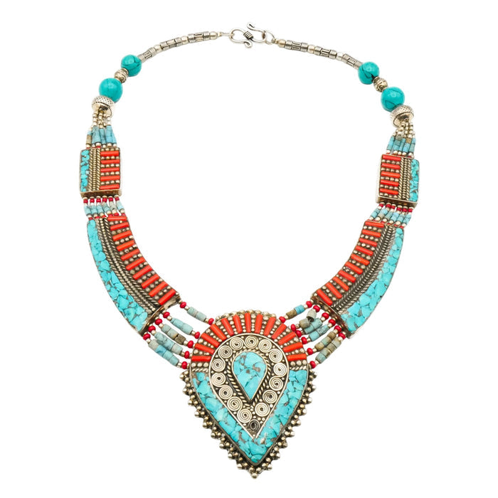 Vintage Tibetan Turquoise Coral Style Ethnic Tribal Bib Statement Necklace 17.5 Inches