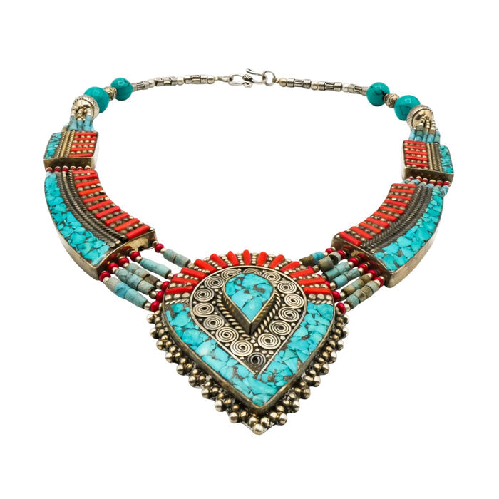 Vintage Tibetan Turquoise Coral Style Ethnic Tribal Bib Statement Necklace 17.5 Inches